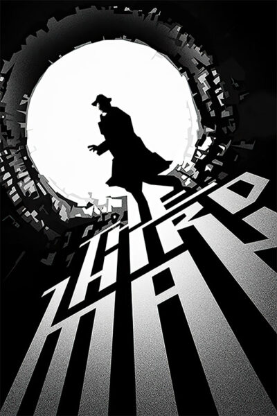 A silhouetted figure in a trench coat and hat stands against a bright circular background, with bold, stylized text reading The Third Man, evoking the classic atmosphere of the iconic 1949 film. Movie poster print available in A1 to A4 sizes.