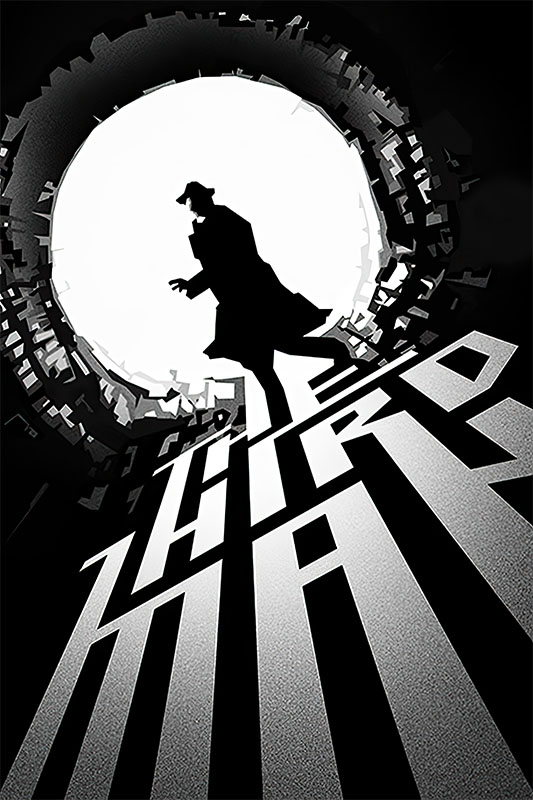 Product-Image_0002_The Third Man.jpg A silhouetted figure in a trench coat and hat stands against a bright circular background, with bold, stylized text reading The Third Man, evoking the classic atmosphere of the iconic 1949 film. Movie poster print available in A1 to A4 sizes.