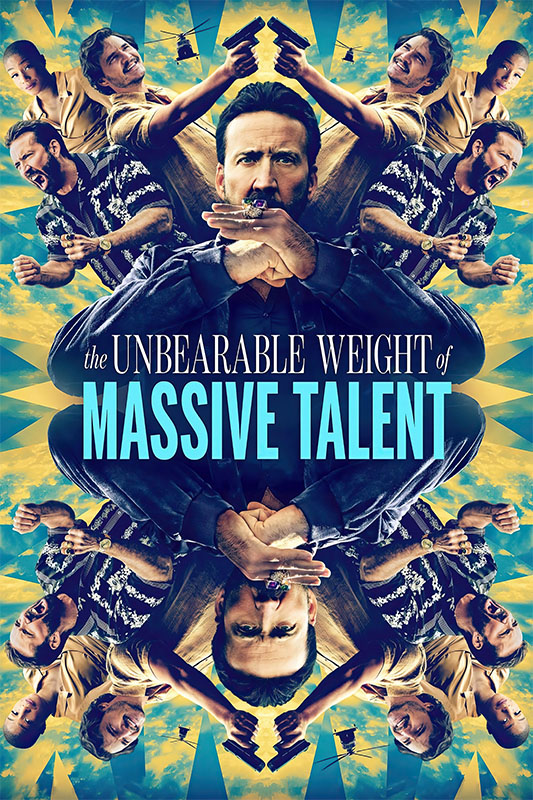 Product-Image_0002_The Unbearable Weight of Massive Talent.jpg Movie poster for the 2022 movie The Unbearable Weight of Massive Talent featuring multiple mirrored images of Nicolas Cage in various poses against a colourful, sky-like background. Movie poster print available in A1 to A4 sizes.