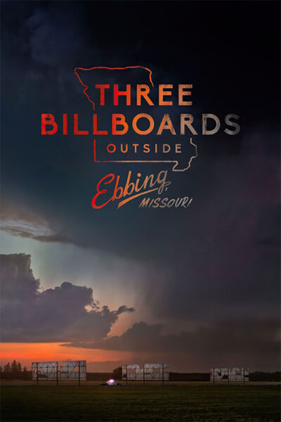 Poster for the 2017 movie Three Billboards Outside Ebbing, Missouri showing three empty billboards in a field at dusk, with a car and dramatic sky in the background. Movie poster print available in A1 to A4 sizes.