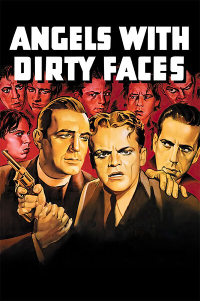 Poster for the classic film Angels with Dirty Faces, featuring illustrated faces of men, one holding a gun, with the 1938 movie title in bold white letters at the top. Movie poster print available in A1 to A4 sizes.