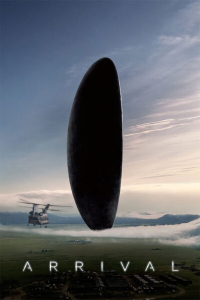 A large, dark, oval-shaped alien spacecraft hovers above a grassy field with a military helicopter nearby beneath a cloudy sky. The word ARRIVAL is at the bottom, referencing the 2016 movie Arrival. Movie poster print available in A1 to A4 sizes.