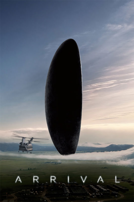 Product-Image_0003_Arrival.jpg A large, dark, oval-shaped alien spacecraft hovers above a grassy field with a military helicopter nearby beneath a cloudy sky. The word ARRIVAL is at the bottom, referencing the 2016 movie Arrival. Movie poster print available in A1 to A4 sizes.