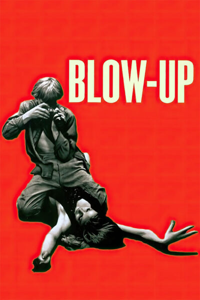 A man kneels and takes a photo of a woman lying on the ground, with the text BLOW-UP above them on a red background—an iconic scene from Michelangelo Antonioni’s 1966 film. Movie poster print available in A1 to A4 sizes.