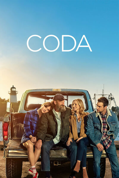 Four people sit on the tailgate of a pickup truck under a clear blue sky with the word CODA above them; a lighthouse and fishing equipment are visible in the background. Movie poster print available in A1 to A4 sizes.
