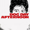Black and white poster for the 1975 movie Dog Day Afternoon, featuring Al Pacino’s sketched face above bold red text, with a crowd of people facing a street scene at the bottom. Movie poster print available in A1 to A4 sizes.