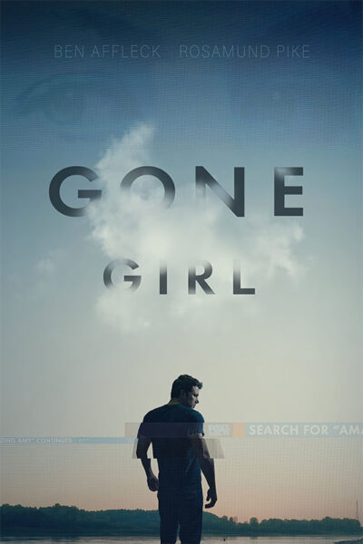 A man stands by a body of water under a cloudy sky with GONE GIRL above him; the 2014 movie stars Ben Affleck and Rosamund Pike, whose names are credited at the top. Movie poster print available in A1 to A4 sizes.
