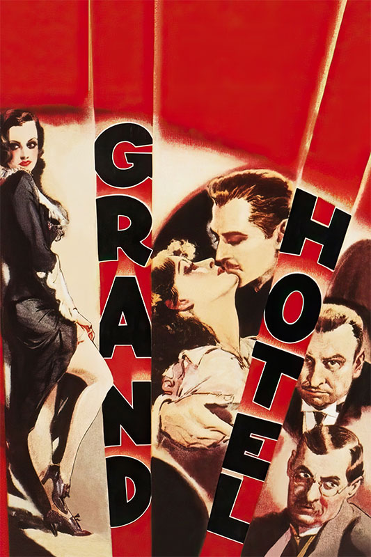 Vintage movie poster for the classic film Grand Hotel (1932), featuring illustrated portraits of five characters, bold red and black colours, and the title text arranged vertically between the images. Movie poster print available in A1 to A4 sizes.
