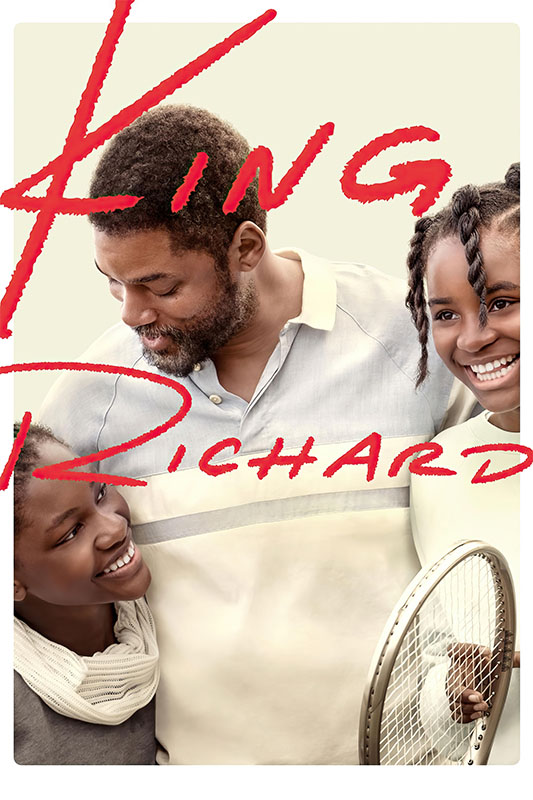 Product-Image_0003_King Richard.jpg A man stands between two smiling girls holding a tennis racket; the words King Richard film are written across the image in red script, referencing the acclaimed 2021 movie. Movie poster print available in A1 to A4 sizes.