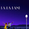 Poster for the 2016 movie La La Land showing a woman in a yellow dress and a man dancing at night under a streetlamp, with a cityscape and starry sky in the background. Movie poster print available in A1 to A4 sizes.