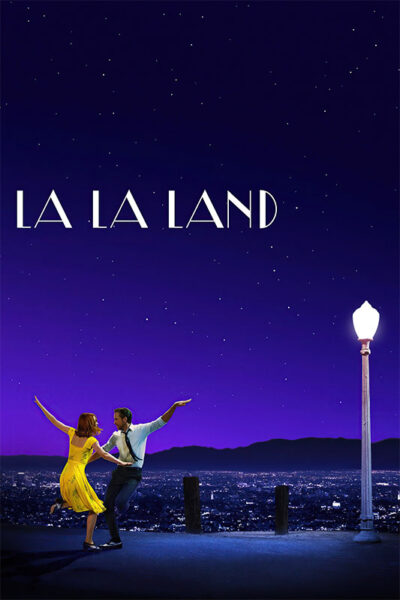 Poster for the 2016 movie La La Land showing a woman in a yellow dress and a man dancing at night under a streetlamp, with a cityscape and starry sky in the background. Movie poster print available in A1 to A4 sizes.