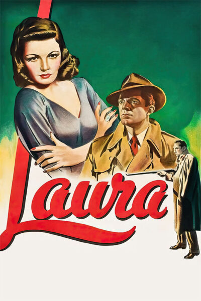 Vintage movie poster for the 1949 film Laura featuring a woman with wavy hair, a man in a trench coat and hat, and the title Laura in bold red script. Movie poster print available in A1 to A4 sizes.