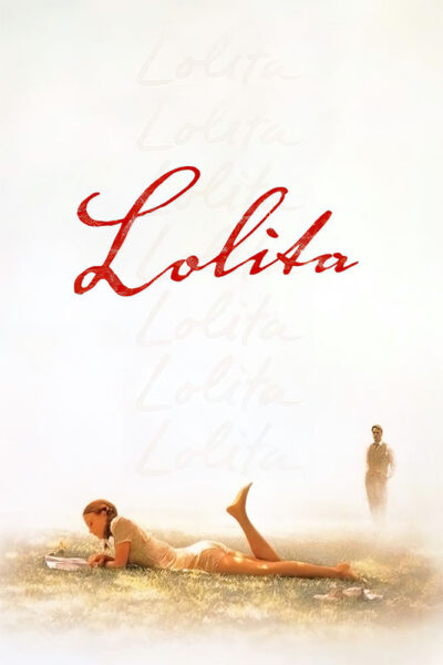 A young girl lies on the grass reading while a man stands in the distance; the word Lolita appears in large red script above them, referencing the 1997 movie adaptation of Lolita. Movie poster print available in A1 to A4 sizes.