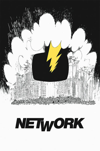 An illustration of a large, black television screen with a yellow lightning bolt over a cityscape, clouds above, and the word NETWORK in bold text below—capturing the dramatic essence of the Network 1976 film. Movie poster print available in A1 to A4 sizes.