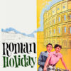 A man and woman ride a scooter in front of an illustrated Colosseum, with the title Roman Holiday beside them, capturing the iconic charm of the 1953 classic. Movie poster print available in A1 to A4 sizes.