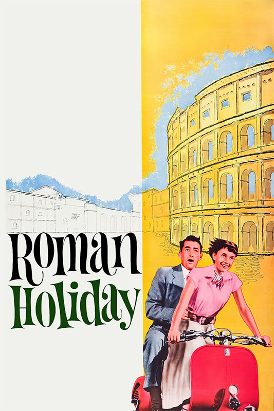 Product-Image_0003_Roman Holiday.jpg A man and woman ride a scooter in front of an illustrated Colosseum, with the title Roman Holiday beside them, capturing the iconic charm of the 1953 classic. Movie poster print available in A1 to A4 sizes.