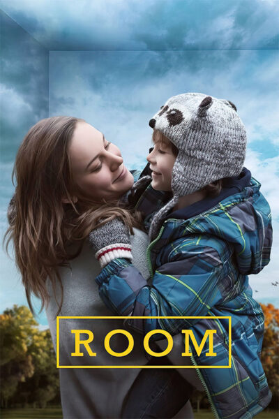 A woman smiles as she lifts a young boy wearing a panda hat. They are outdoors with a blue sky and trees. The word ROOM appears at the bottom in yellow text. Movie poster print available in A1 to A4 sizes.