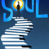 A man stands on a winding staircase made of piano keys leading up to large blue letters spelling SOUL against a dark blue background. Movie poster print available in A1 to A4 sizes.