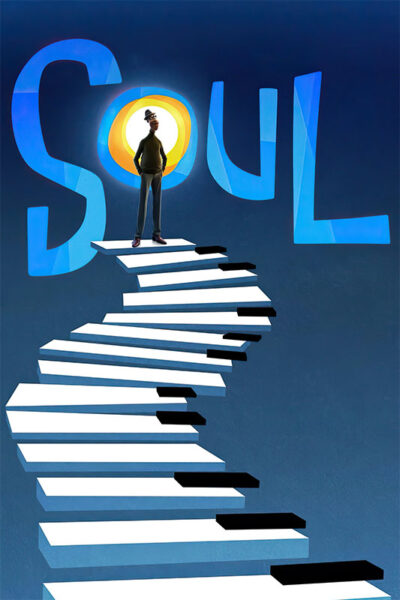 A man stands on a winding staircase made of piano keys leading up to large blue letters spelling SOUL against a dark blue background. Movie poster print available in A1 to A4 sizes.