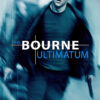 A man in dark clothing runs forward with a gun in hand; The Bourne Ultimatum title appears over a blue-toned background, highlighting Jason Bourne’s intense action. Movie poster print available in A1 to A4 sizes.