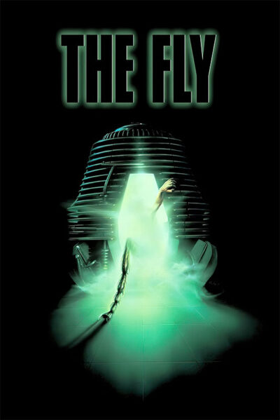 Poster for the 1986 movie The Fly, showing a person transforming as they exit a glowing, futuristic pod with mist streaming onto the floor. The movie title appears above in large, bold letters. Movie poster print available in A1 to A4 sizes.