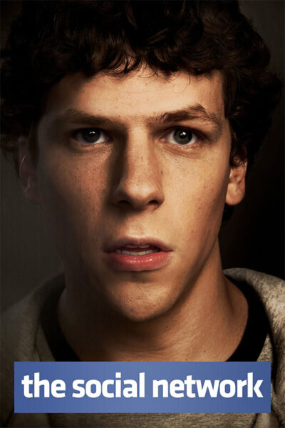 A young man with curly hair stares ahead with a serious expression. Text at the bottom reads The Social Network, referencing the acclaimed 2010 movie. Movie poster print available in A1 to A4 sizes.