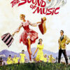 Poster for the 1965 film The Sound of Music showing a woman joyfully leaping with a suitcase and hat, a man standing, and seven children in yellow outfits on a grassy hill. Movie poster print available in A1 to A4 sizes.