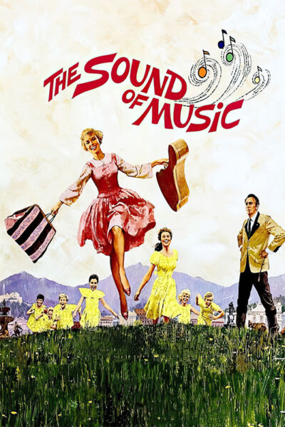 Poster for the 1965 film The Sound of Music showing a woman joyfully leaping with a suitcase and hat, a man standing, and seven children in yellow outfits on a grassy hill. Movie poster print available in A1 to A4 sizes.