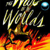 Poster for the 1953 classic, The War of the Worlds, featuring large yellow text, a mechanical alien, two people embracing, explosions, and two planets or spaceships in the background. Movie poster print available in A1 to A4 sizes.