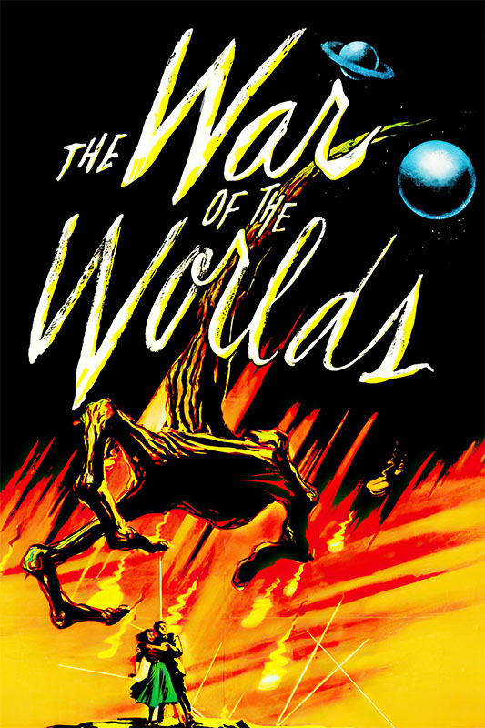 Product-Image_0003_The War of the Worlds.jpg Poster for the 1953 classic, The War of the Worlds, featuring large yellow text, a mechanical alien, two people embracing, explosions, and two planets or spaceships in the background. Movie poster print available in A1 to A4 sizes.