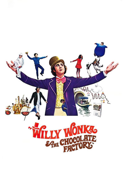 Poster for the 1971 film Willy Wonka & the Chocolate Factory featuring Willy Wonka in a purple coat, surrounded by characters and scenes from the movie, with the title displayed at the bottom. Movie poster print available in A1 to A4 sizes.
