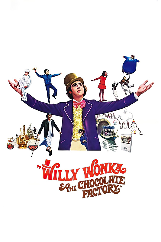 Product-Image_0003_Willy Wonka & the Chocolate Factory.jpg Poster for the 1971 film Willy Wonka & the Chocolate Factory featuring Willy Wonka in a purple coat, surrounded by characters and scenes from the movie, with the title displayed at the bottom. Movie poster print available in A1 to A4 sizes.