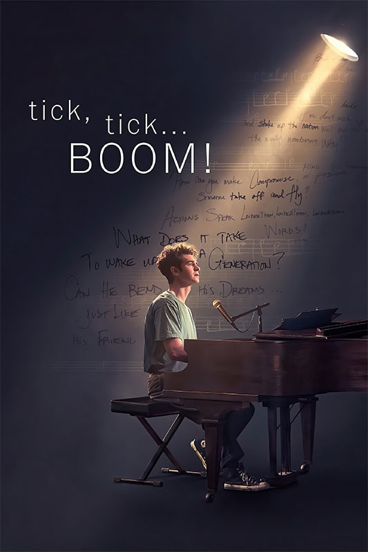 A person sits at a grand piano under a spotlight, with tick tick BOOM text above and handwritten notes on the wall behind them, capturing the electrifying moment from the 2021 musical film. Movie poster print available in A1 to A4 sizes.