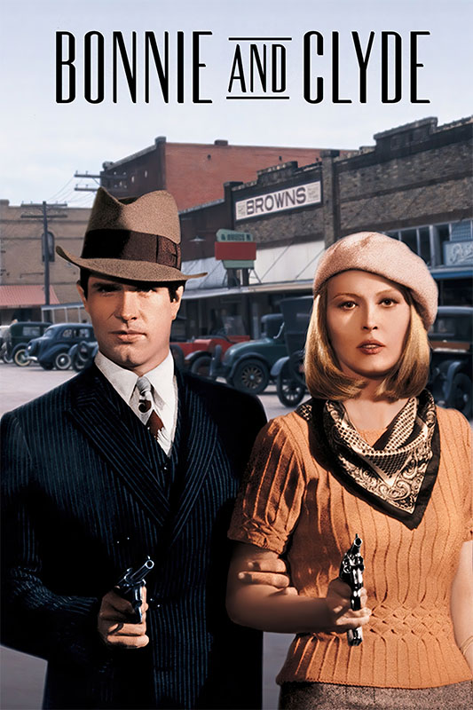 Product-Image_0004_Bonnie and Clyde.jpg A man and woman in vintage 1930s attire stand side by side, each holding a gun, with classic cars and storefronts behind them. The text reads Bonnie and Clyde, referencing the iconic crime film from the 1967 movie. Movie poster print available in A1 to A4 sizes.