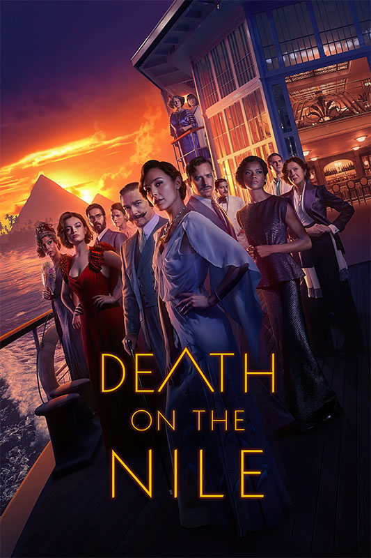 Product-Image_0004_Death on the Nile.jpg A group of formally dressed people stand on a boat at sunset with a pyramid in the background. The text reads Death on the Nile, referencing the 2022 movie. Movie poster print available in A1 to A4 sizes.