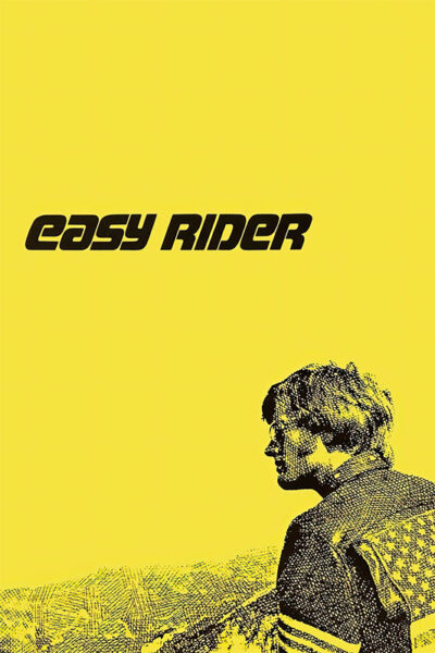 A stylized, yellow-tinted poster for Easy Rider (1969) featuring a man in profile wearing a jacket, with the film title above him in bold black letters. Movie poster print available in A1 to A4 sizes.