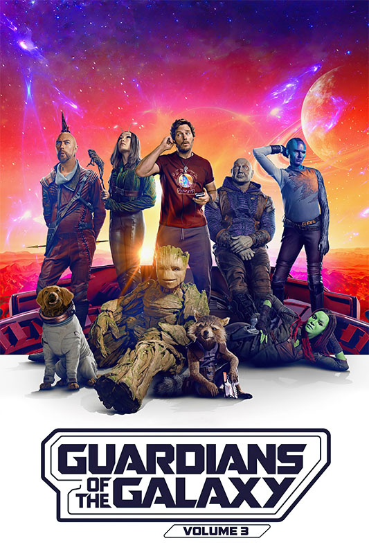 The Guardians of the Galaxy team stands together on a red alien landscape under a vibrant space sky; the movie title reads Guardians of the Galaxy Vol. 3, highlighting this exciting chapter of the Guardians of the Galaxy 2023 movie. Movie poster print available in A1 to A4 sizes.
