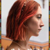 A young woman with short red hair and a jeweled headband looks to the side; Lady Bird appears at the bottom, referencing Greta Gerwigs acclaimed 2017 movie, while a cross hangs on the wall in the background. Movie poster print available in A1 to A4 sizes.