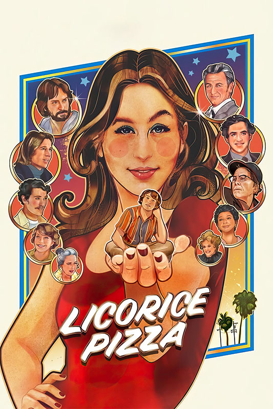 Product-Image_0004_Licorice Pizza.jpg Illustrated 2021 movie poster for Licorice Pizza features a central woman surrounded by smaller portraits of various characters against a colourful, starry background. Movie poster print available in A1 to A4 sizes.