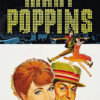 Illustrated poster for the 1964 Mary Poppins movie featuring large yellow title text, with images of a smiling man and woman, and dancing figures above. Movie poster print available in A1 to A4 sizes.