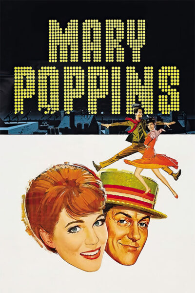 Illustrated poster for the 1964 Mary Poppins movie featuring large yellow title text, with images of a smiling man and woman, and dancing figures above. Movie poster print available in A1 to A4 sizes.