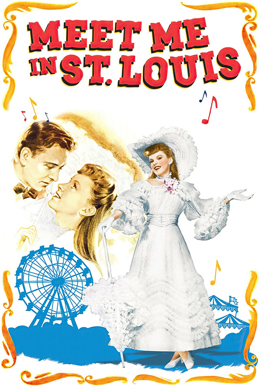 Product-Image_0004_Meet Me in St. Louis.jpg Poster for Meet Me in St. Louis (1949) featuring a woman in a white dress, a couple gazing at each other, a Ferris wheel, and carnival tents, with musical notes and colourful text. Movie poster print available in A1 to A4 sizes.