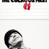 Black and white photo of a man in a beanie and jacket looking up, with the movie title One Flew Over the Cuckoos Nest (1975) above him and a striking red illustration of a straitjacket. Movie poster print available in A1 to A4 sizes.