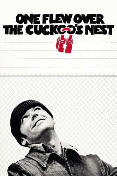 Black and white photo of a man in a beanie and jacket looking up, with the movie title One Flew Over the Cuckoos Nest (1975) above him and a striking red illustration of a straitjacket. Movie poster print available in A1 to A4 sizes.