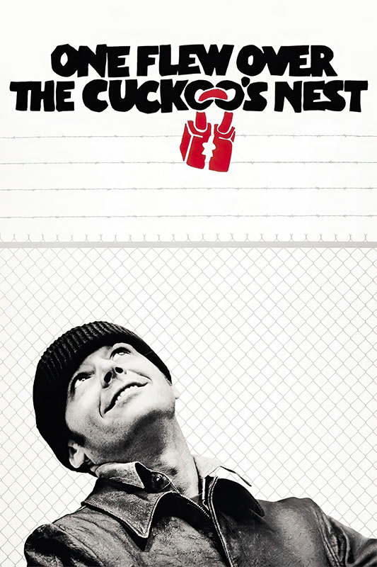 Product-Image_0004_One Flew Over the Cuckoo's Nest.jpg Black and white photo of a man in a beanie and jacket looking up, with the movie title One Flew Over the Cuckoos Nest (1975) above him and a striking red illustration of a straitjacket. Movie poster print available in A1 to A4 sizes.