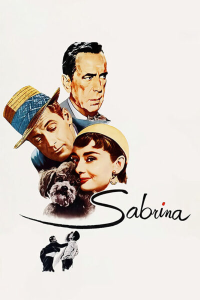 Poster for the film Sabrina 1954 showing Audrey Hepburn with the other main characters, a dog, and the film title in cursive text, with a small dancing couple at the bottom. Movie poster print available in A1 to A4 sizes.