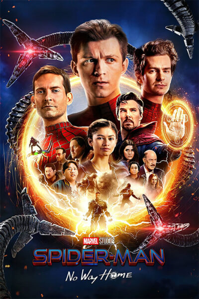 Poster for Spider-Man No Way Home featuring three Spider-Men, Doctor Strange, and other main characters, with lightning and mechanical arms in the background. A must-have for any Spider-Man No Way Home fan. Movie poster print available in A1 to A4 sizes.