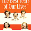 Poster for The Best Years of Our Lives (1949) featuring illustrations of two men and three women’s faces against an orange and white striped background. Movie poster print available in A1 to A4 sizes.