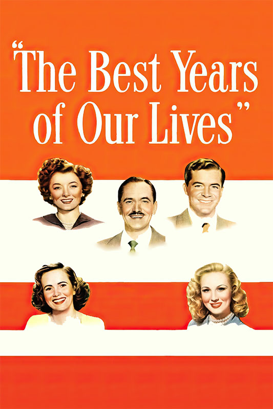 Poster for The Best Years of Our Lives (1949) featuring illustrations of two men and three women’s faces against an orange and white striped background. Movie poster print available in A1 to A4 sizes.