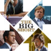 Poster for the 2015 film The Big Short featuring four men in business attire, each in separate arrow-shaped frames, with the movie title in the centre. Movie poster print available in A1 to A4 sizes.